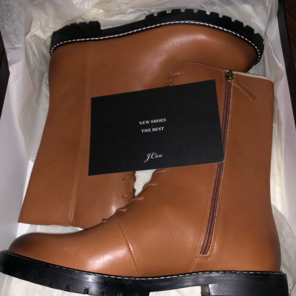 J CREW | Rich Oak Gwen Lug-Sole Leather Lace-Up Tall Shaft Boots | Size 9.5 - Picture 3 of 15